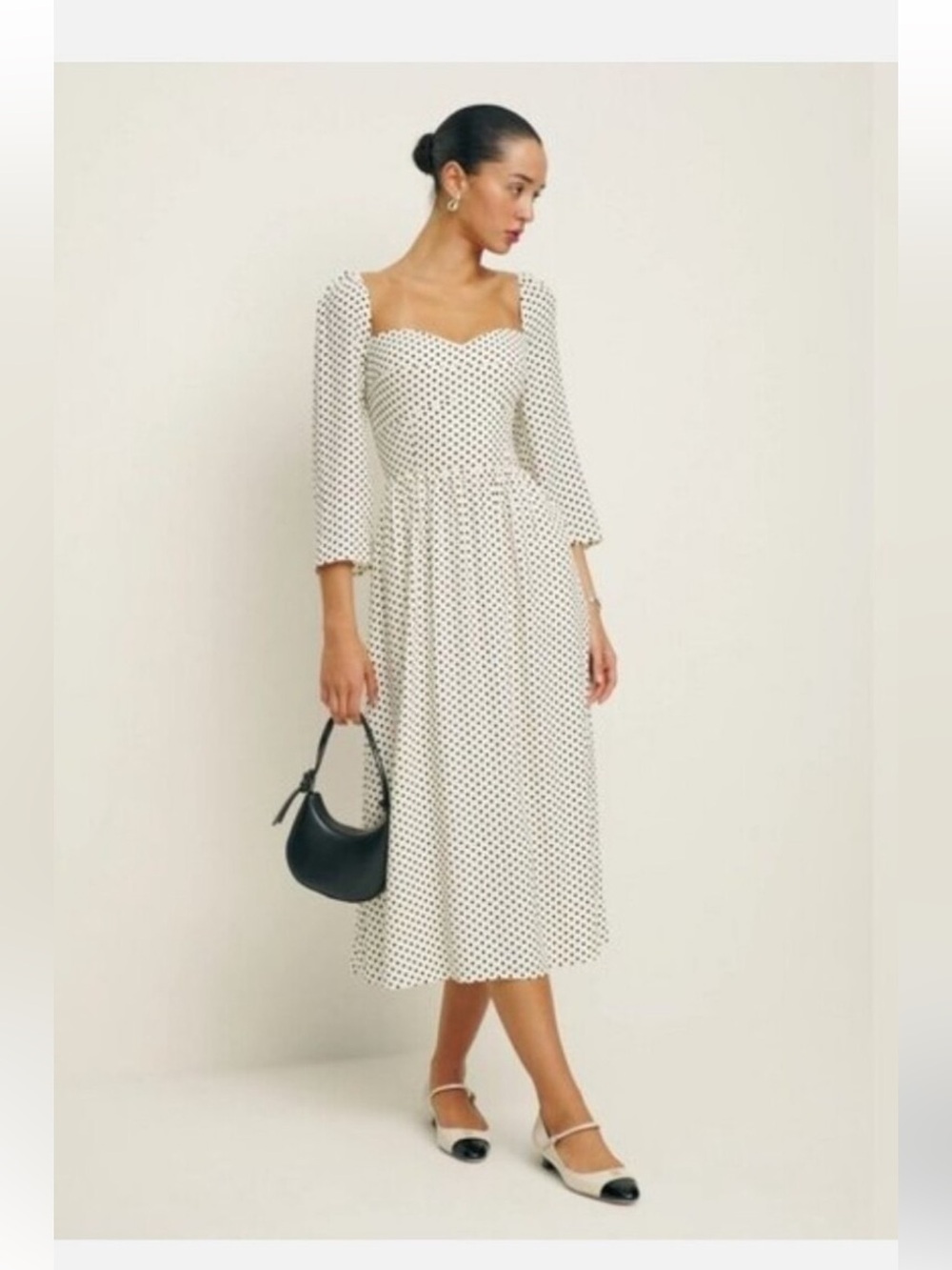 Reformation Inori White Black Polka Dot Square-Neck Midi Dress NWT